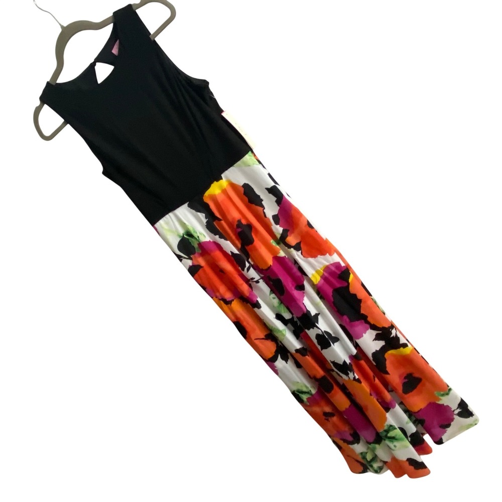 Eliza J‎ Floral Print Sleeveless Maxi Dress Black Orange Pink EJ6M1904 Size 6